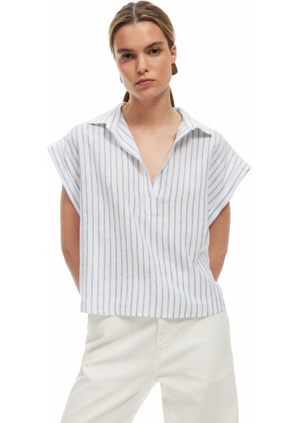 Viskon Keten Karışımlı Gömlek Yaka Kolsuz Crop Bluz fiyatları