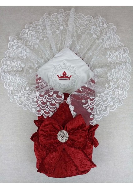 Yenidoğan Saray Kadife Taç Nakışlı Inci Fiyonklu Dantel Duvak Trilüks Kundak Bebek Battaniye Bordo