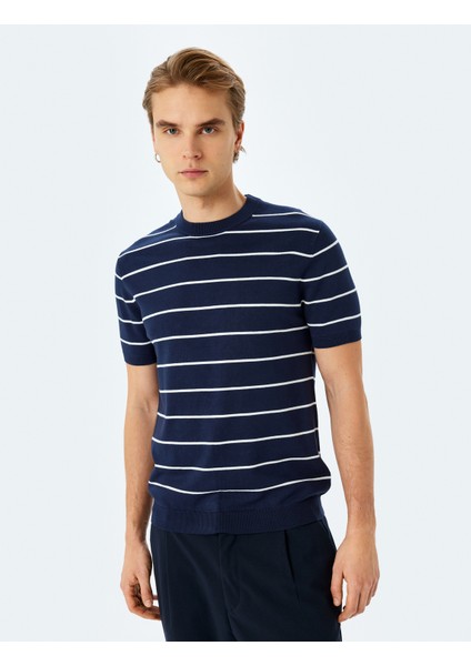 Çizgili Bisiklet Yaka Viskon Kısa Kollu Triko Tişört modelleri