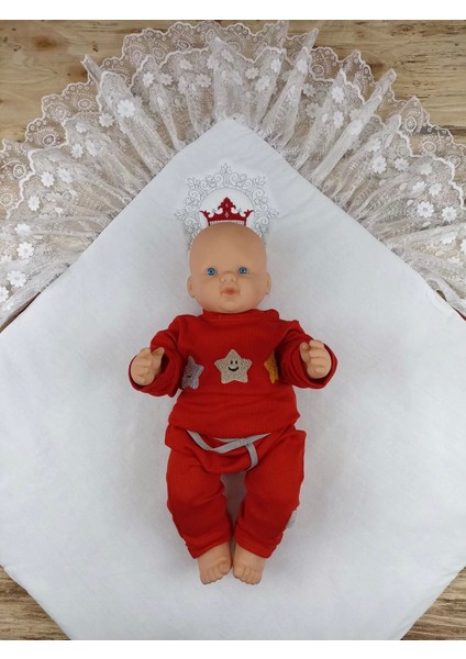 Yenidoğan Saray Kadife Taç Nakışlı Inci Fiyonklu Çift Dantel Duvak Trilüks Kundak Bebek Battaniyesi Bordo modelleri