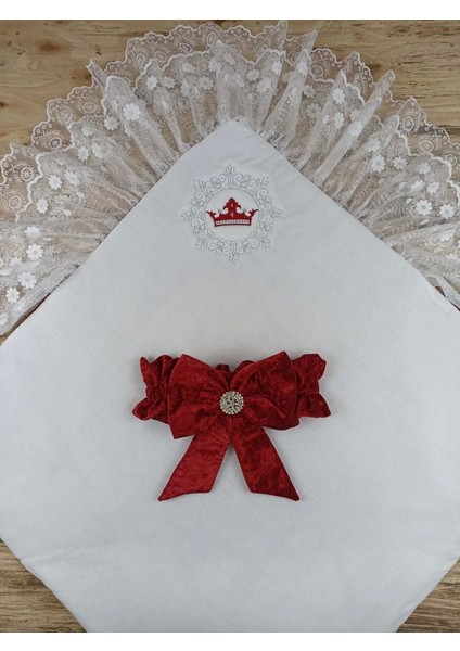 Yenidoğan Saray Kadife Taç Nakışlı Inci Fiyonklu Çift Dantel Duvak Trilüks Kundak Bebek Battaniyesi Bordo fırsatları