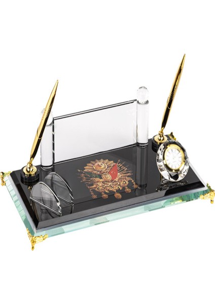 Kişiye Özel Isim Baskılı Kristal Masa Seti 2 Li Kalem Saat ve Notluk Masa Seti Osmanlı Tuğralı