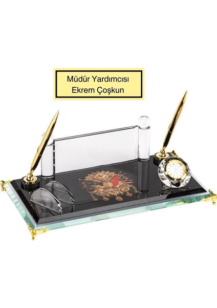 Kişiye Özel Isim Baskılı Kristal Masa Seti 2 Li Kalem Saat ve Notluk Masa Seti Osmanlı Tuğralı fırsatları