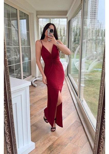 Kadın Önü Burgulu Ince Askılı Yırtmaçlı Maxi Boy Sandy Kumaş Elbise