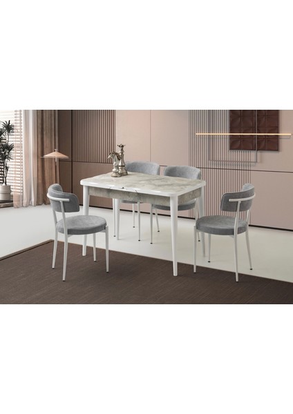 Rambla Ahşap Salon Yemek Masa Sandalye Takımı 4 Gözde Sandalyeli Ortadan Açılır Büyüyen Mermer Desen 90 x 160