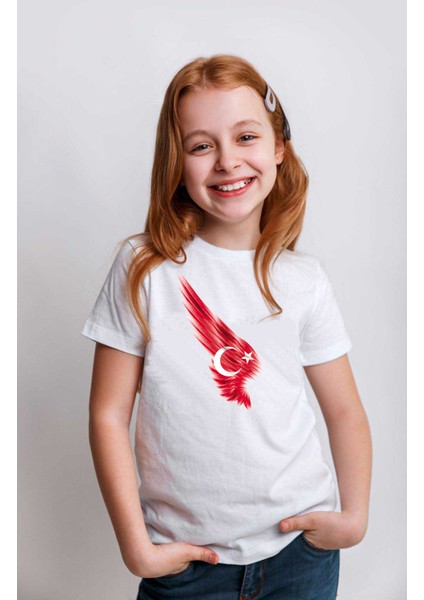 Kız Çocuk Ayyıldız Türk Bayrağı Baskılı Bisiklet Yaka Kısa Kollu T-Shirt
