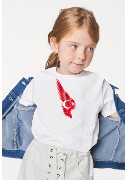 Kız Çocuk Ayyıldız Türk Bayrağı Baskılı Bisiklet Yaka Kısa Kollu T-Shirt
