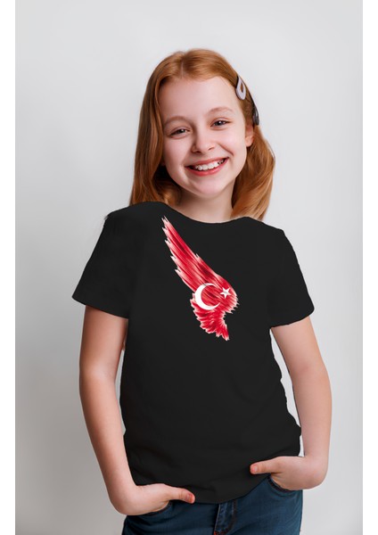 Kız Çocuk Ayyıldız Türk Bayrağı Baskılı Bisiklet Yaka Kısa Kollu T-Shirt