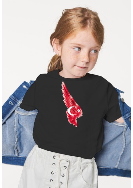 Kız Çocuk Ayyıldız Türk Bayrağı Baskılı Bisiklet Yaka Kısa Kollu T-Shirt