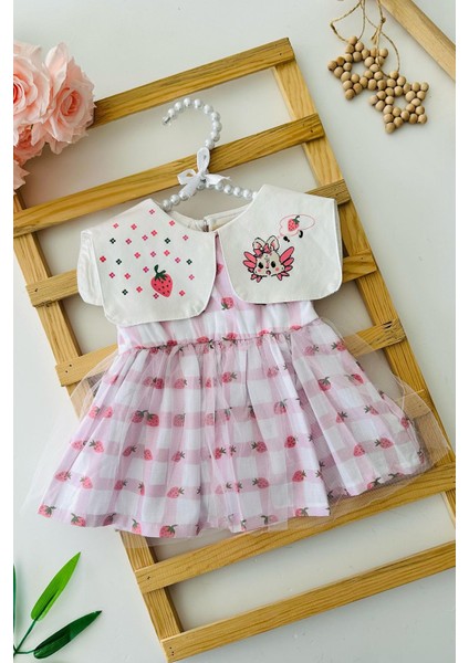 Tavşan Yaka Detaylı Çilek Baskılı Kız Bebe tüllü elbise - Pembe