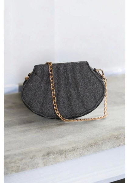 Lalin Antrasit Kristal Deri Zincir Askılı Kadın Abiye Clutch Çanta