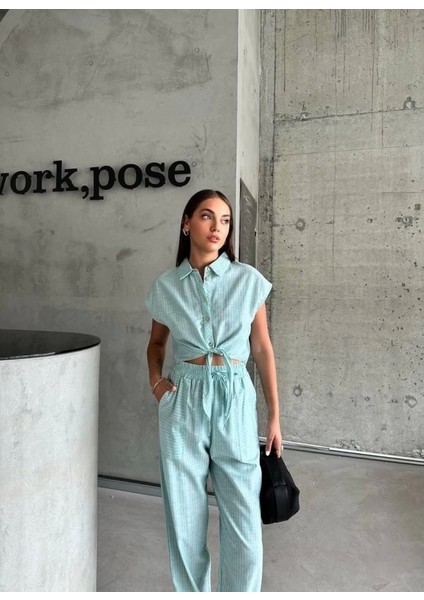 Çizgili Keten Kolsuz Crop Pantolon Takım - Yeşil