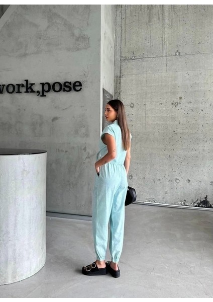 Çizgili Keten Kolsuz Crop Pantolon Takım - Yeşil fiyatları