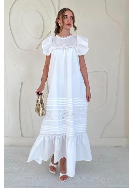 Omuzu Fırfır Detaylı ve Büzgülü Elbise