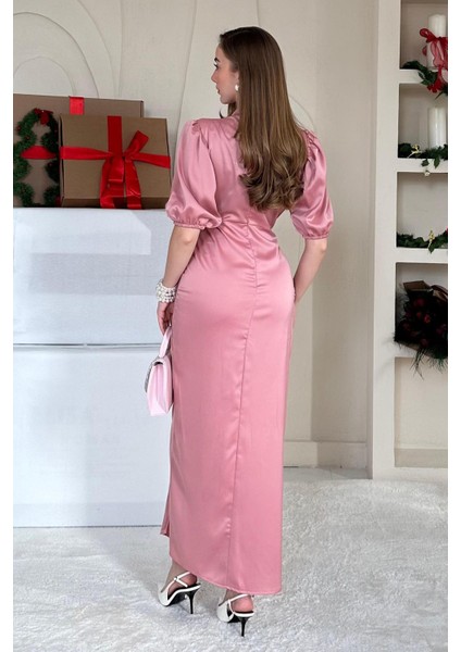 Büzgülü Saten Elbise - Pembe fırsatları