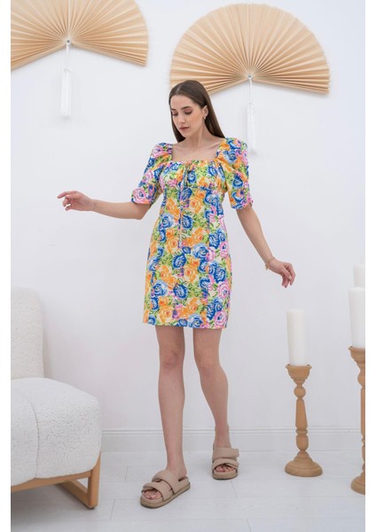 Desenli Poplin Elbise - Turuncu & Mavi