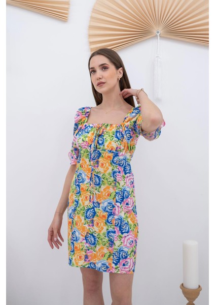 Desenli Poplin Elbise - Turuncu & Mavi fiyatları