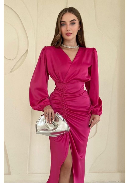 V Yaka Saten Elbise modelleri