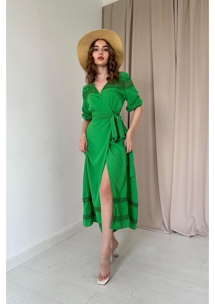 Dantel Detay Keten Elbise - Yeşil