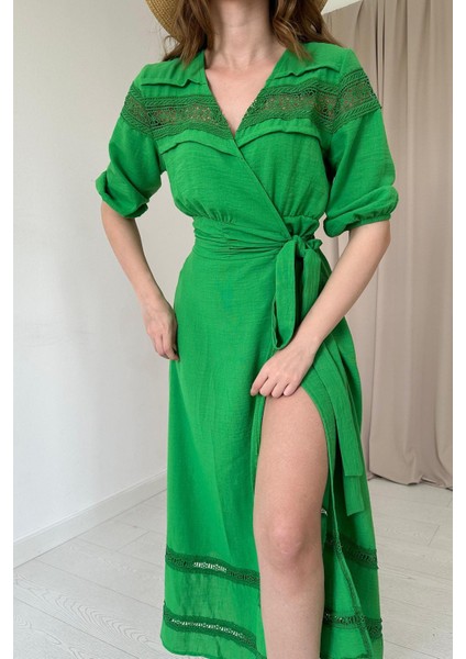 Dantel Detay Keten Elbise - Yeşil fiyatları