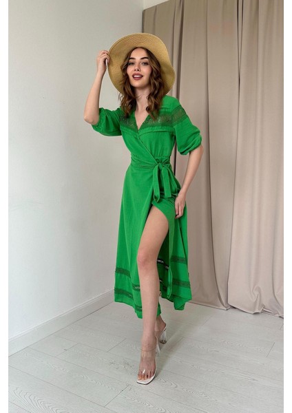 Dantel Detay Keten Elbise - Yeşil modelleri
