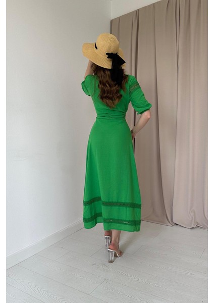 Dantel Detay Keten Elbise - Yeşil fırsatları