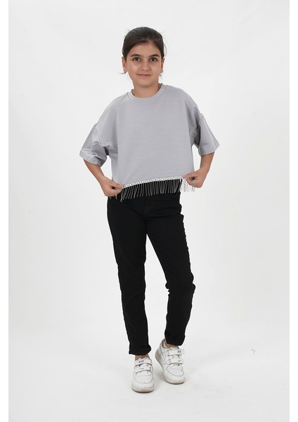 Kız Çocuk Iki Iplik Etek Ucu Püsküllü Zincirli Kısa Kollu Tshirt