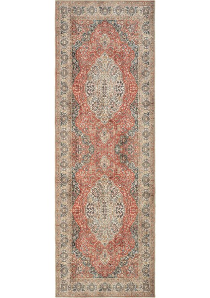 Private Kiremit Etnik Desenli Şönil Halı Yolluk Yıkanabilir Eskitme Vintage Göbekli Koridor Halısı