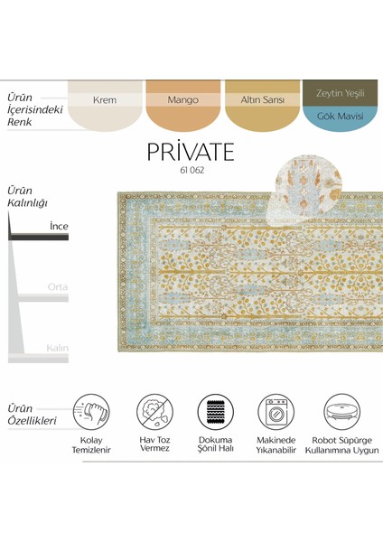Cool Halı Private Sarı Yolluk Hol Koridor Halısı Vintage Şönil Halı Otantik Çiçekli Yıkanabilir mutfak Halısı