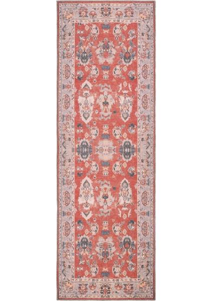 Private Kırmızı Eskitme Vintage Halı Otantik Etnik Desenli Şönil Yolluk Yıkanabilir Koridor Halısı