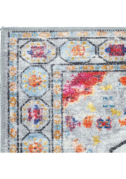 Private Gri Yolluk Eskitme Otantik Desenli Hol Koridor Halısı Yıkanabilir Vintage Şönil Yolluk Halı