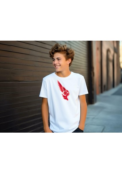 Erkek Çocuk Bayrak Ayyıldız Baskılı Bisiklet Yaka Kısa Kollu T-Shirt