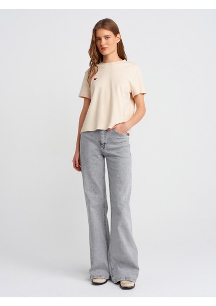 71796 Likralı Wideleg Denim Pantolon-Gri