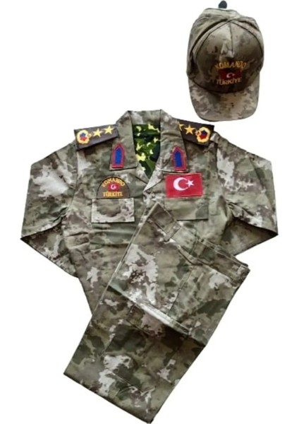 Erkek Çocuk Asker Komando Kıyafeti Kamuflaj Kostüm Kepli