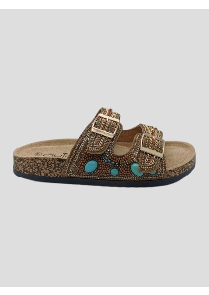 25Y102-5 Kadın Taşlı Terlik Camel