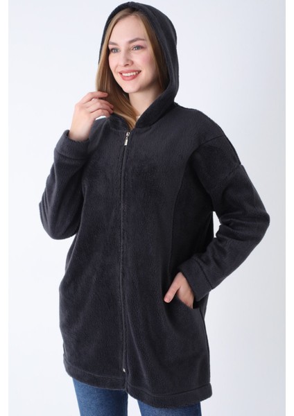 Kadın Antrasit Fermuarlı Kapüşonlu Cepli Oversize Peluş Hırka