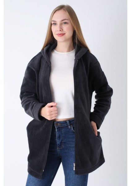 Kadın Antrasit Fermuarlı Kapüşonlu Cepli Oversize Peluş Hırka fiyatları