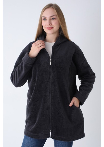 Kadın Antrasit Fermuarlı Kapüşonlu Cepli Oversize Peluş Hırka modelleri