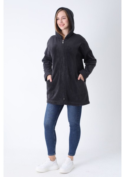 Kadın Antrasit Fermuarlı Kapüşonlu Cepli Oversize Peluş Hırka fırsatları