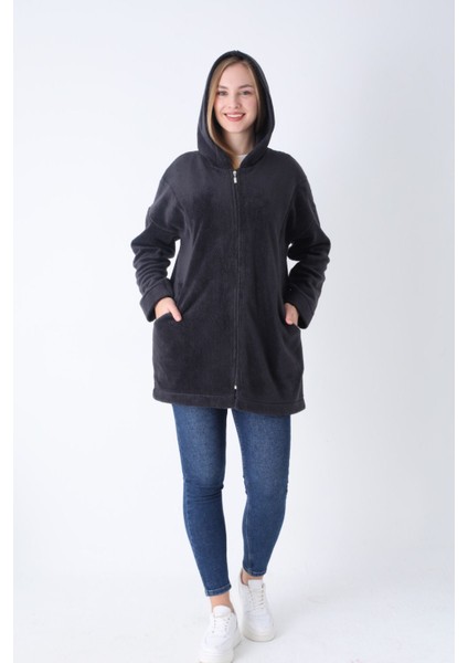 Kadın Antrasit Fermuarlı Kapüşonlu Cepli Oversize Peluş Hırka indirimleri