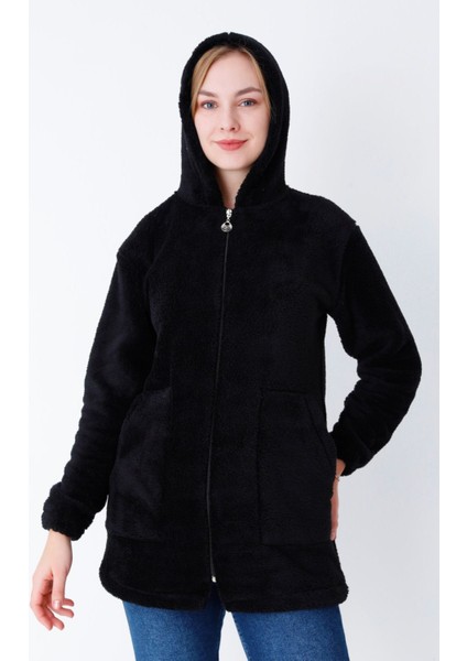 Siyah Peluş Kapüşonlu Cepli Kadın Hırka fiyatları