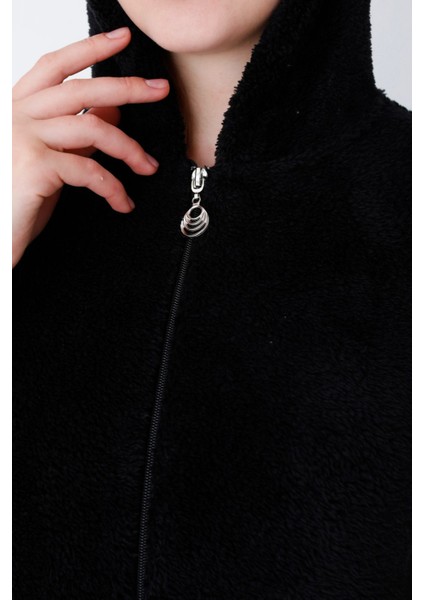 Siyah Peluş Kapüşonlu Cepli Kadın Hırka modelleri