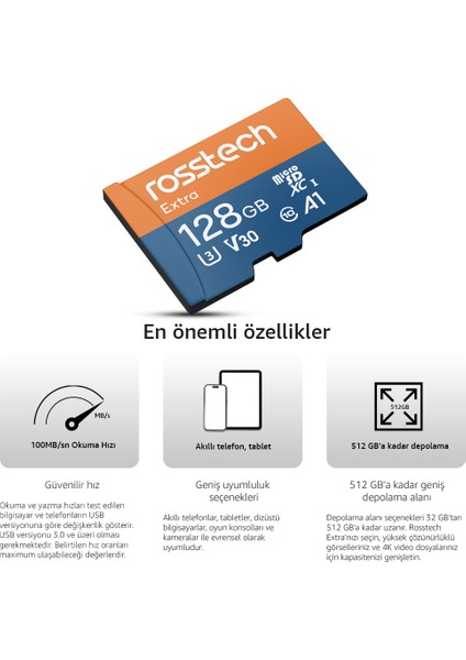 Extra 128GB Micro Sdxc V30 Uhs-3 C10 100MB/SN + Adaptörlü Hafıza Kartı