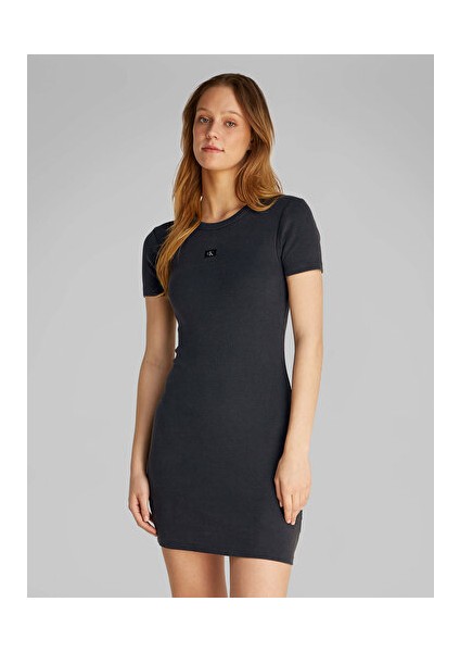 Washed Woven Label Rıb Dress