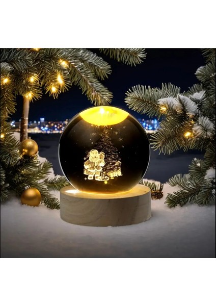 Miagift 3D LED Işıklı Ahşap Standlı Yılbaşı Merry Christmas Noel Baba Temalı Cam Küre Lamba Usb'li