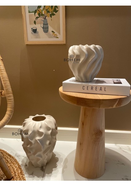 2li Bej Seramik Bükümlü Stoneware Vazo Seti (Muadil Marka)