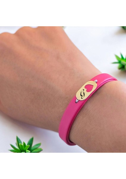 14 Ayar Altın Plakalı Oval ve Kalp Motifli Özgün Derili Kadınlara Harfe Özel Bileklik-377Harf-PEMBE