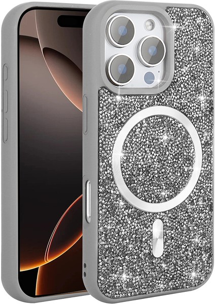 iPhone 16 Pro Max Kılıf Pırlanta Tasarımlı M-Safe Şarj Özellikli Mozaik Silikon Kılıf
