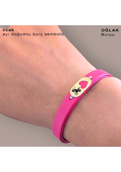 Kadınlara Özel Oval ve Kalp Motifli 14 Ayar Altın Plakalı Özgün Derili Burç Bilekliği-377BURÇ-PEMBE