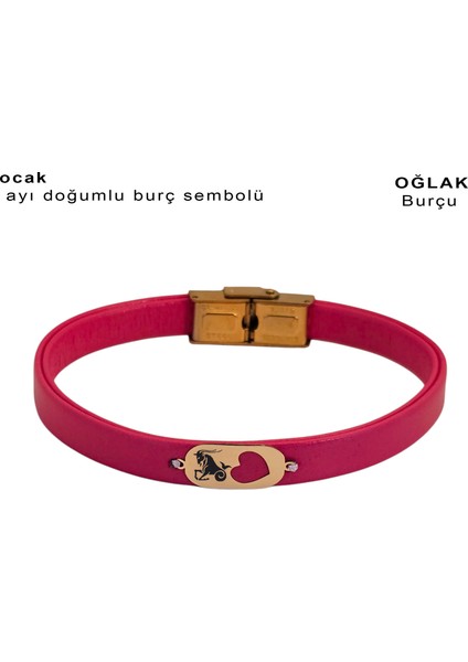 Kadınlara Özel Oval ve Kalp Motifli 14 Ayar Altın Plakalı Özgün Derili Burç Bilekliği-377BURÇ-PEMBE fiyatları